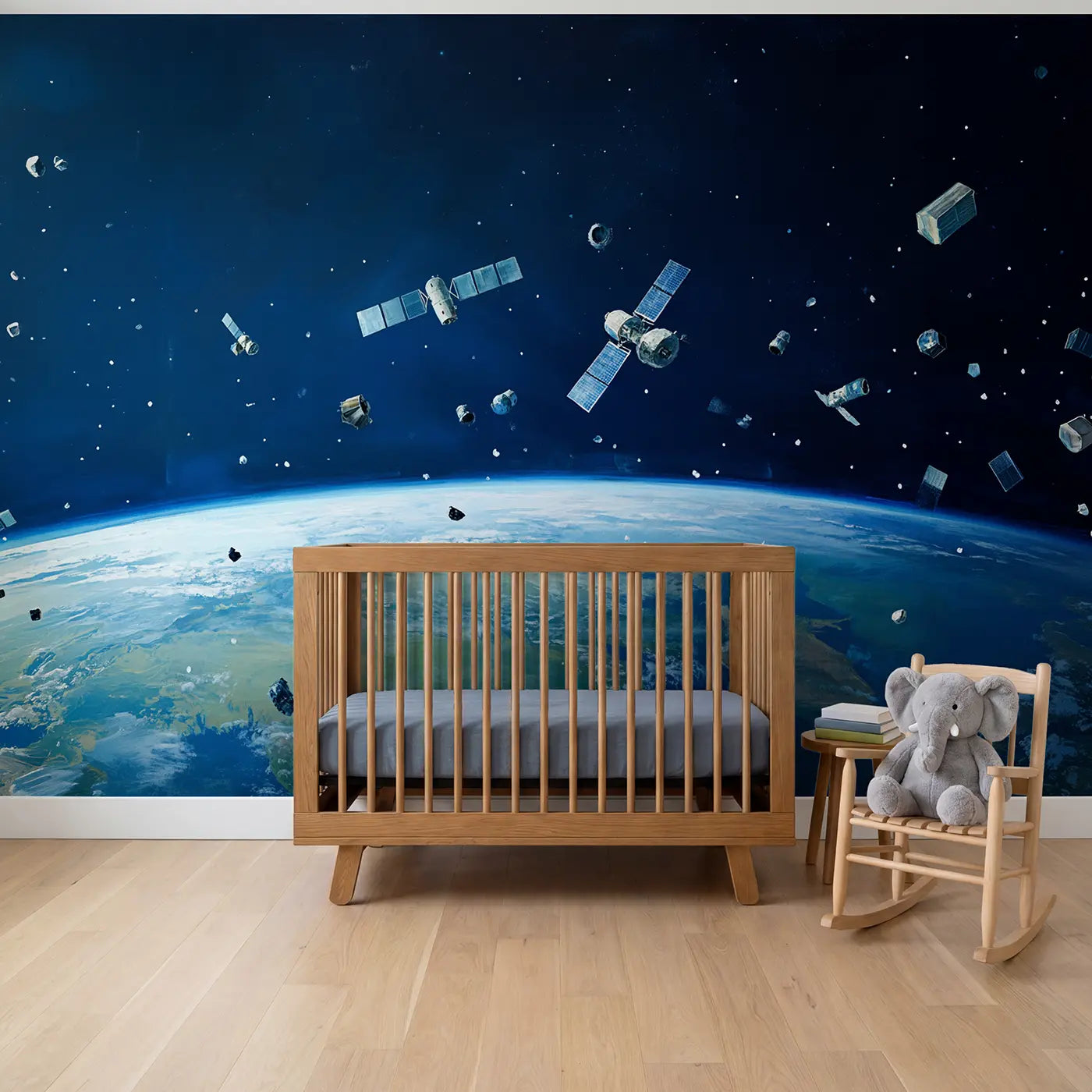 soft pastel satellites orbiting Earth space wallpaper mural for nursery by Whimsy Tots