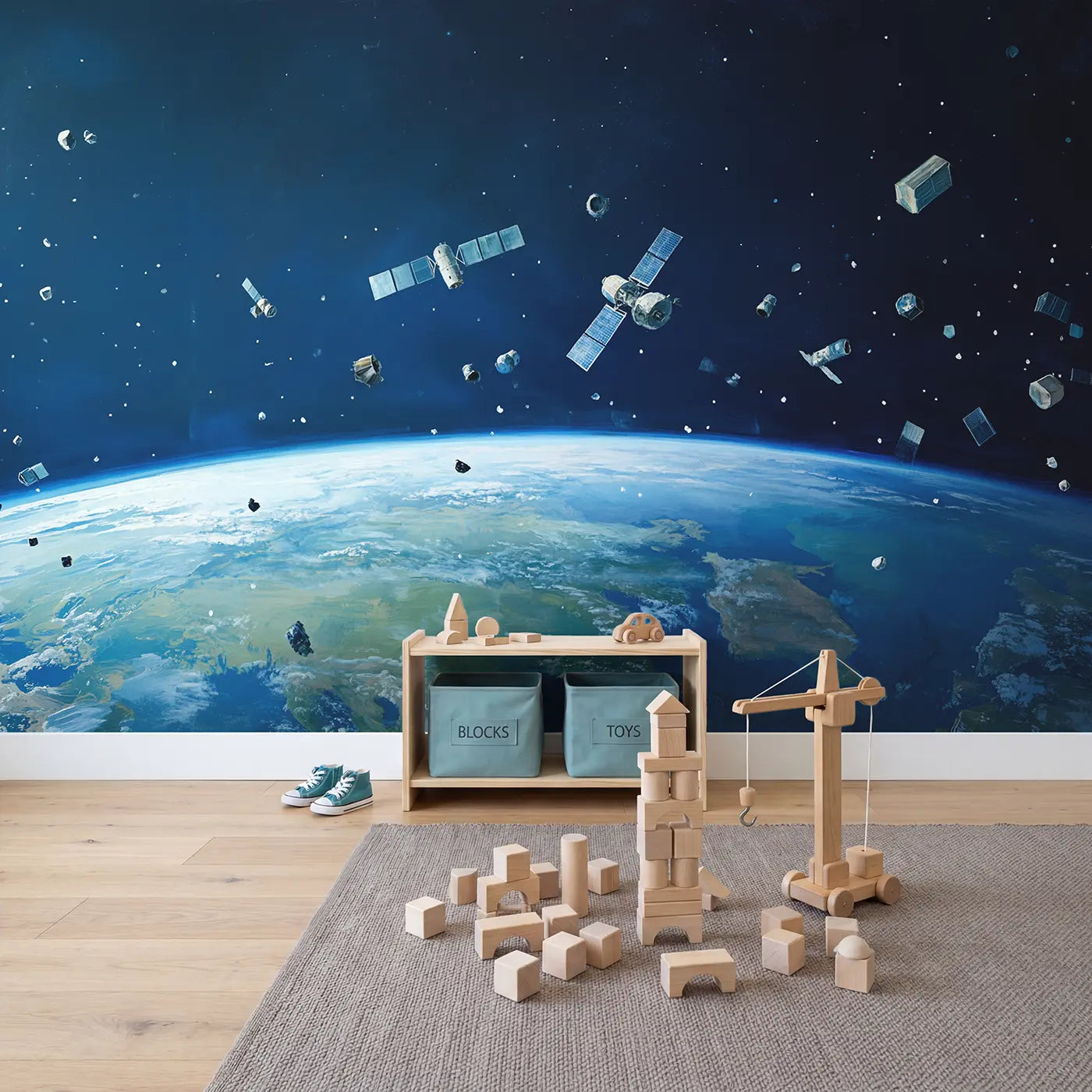 Floating Satellites Over Earth Wallpaper Mural in playroom setting by Whimsy Tots