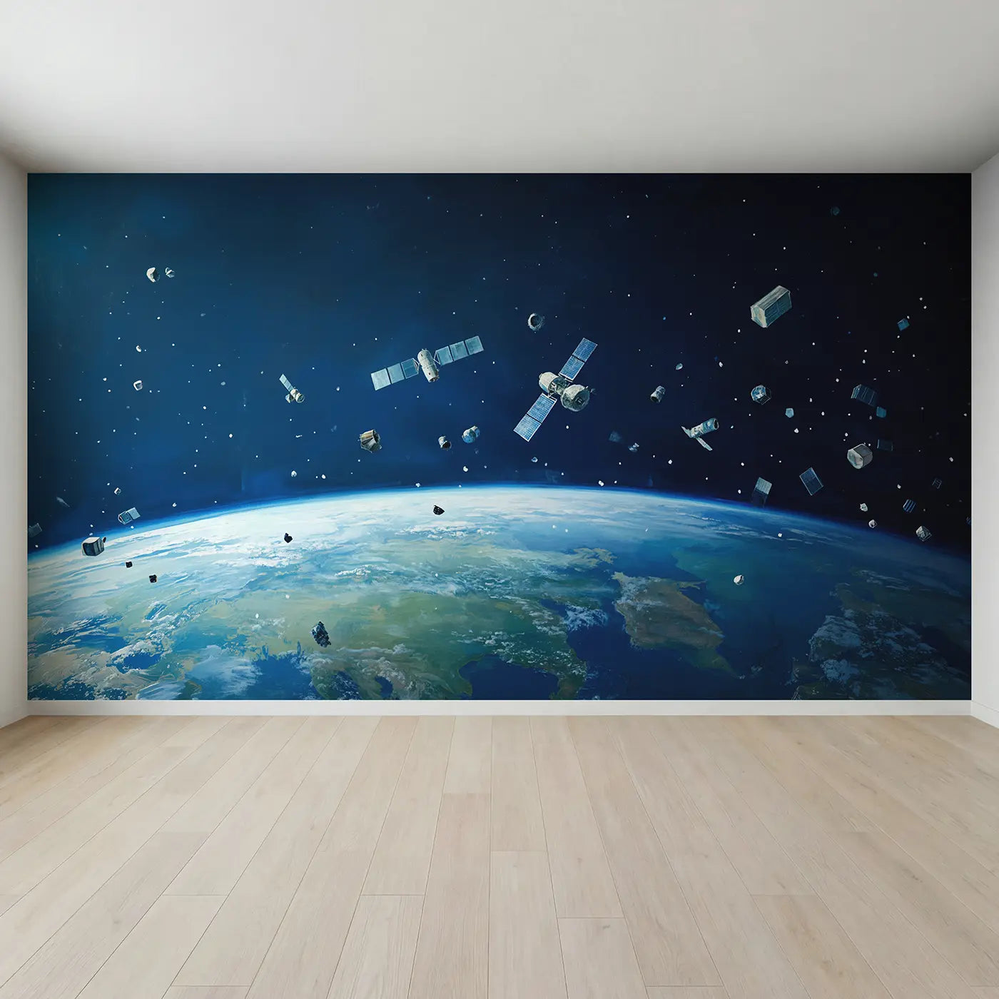 Full view of Floating Satellites Over Earth Wallpaper Mural by Whimsy Tots