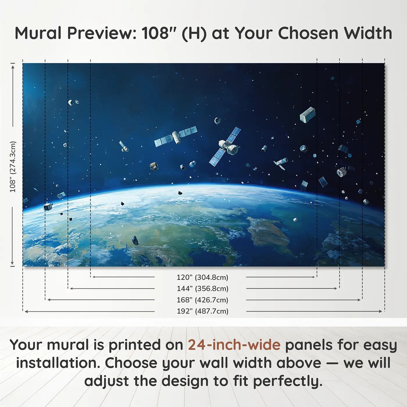 Panel layout and dimensions for Floating Satellites Over Earth Wallpaper Mural by Whimsy Tots