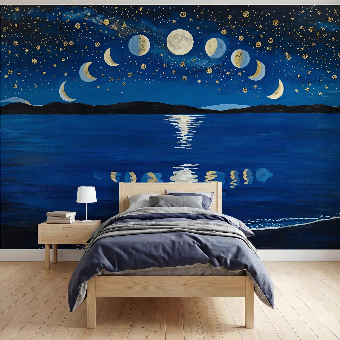 Modern illustration moon phases over ocean wallpaper mural for boys room by Whimsy Tots