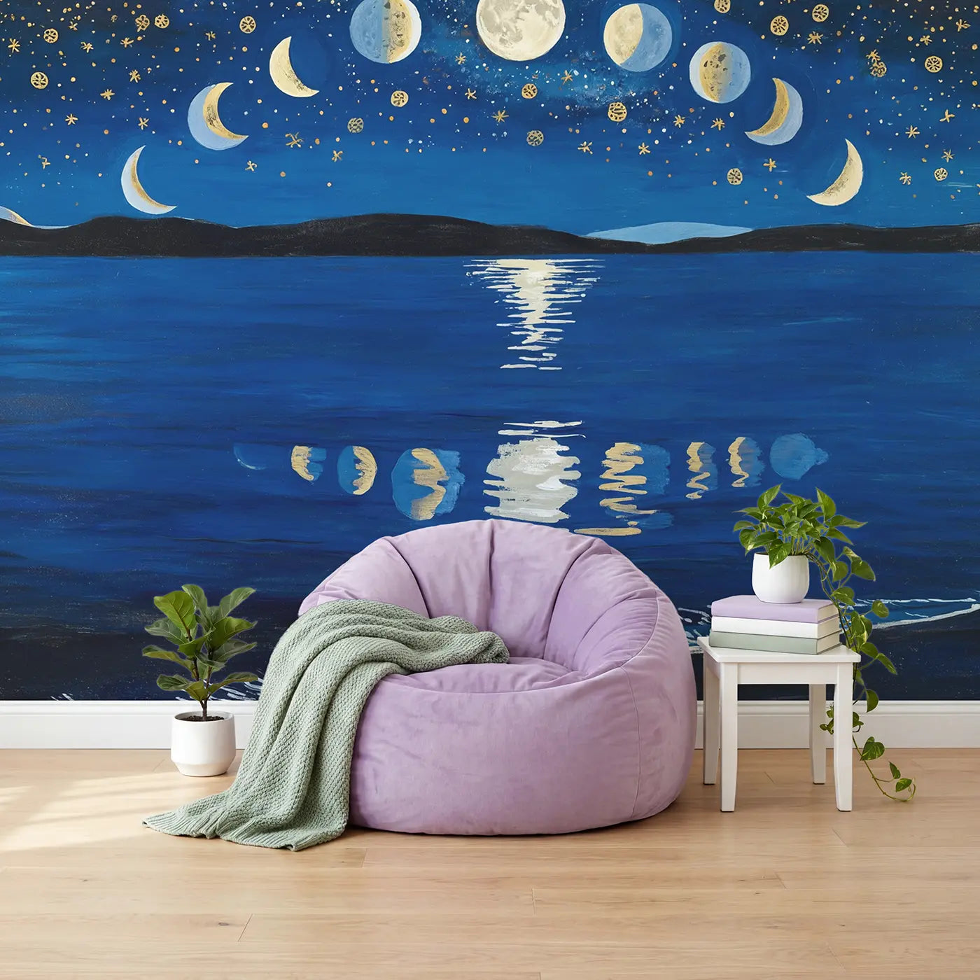Moon Phases Ocean Reflection Wallpaper Mural in playroom setting by Whimsy Tots