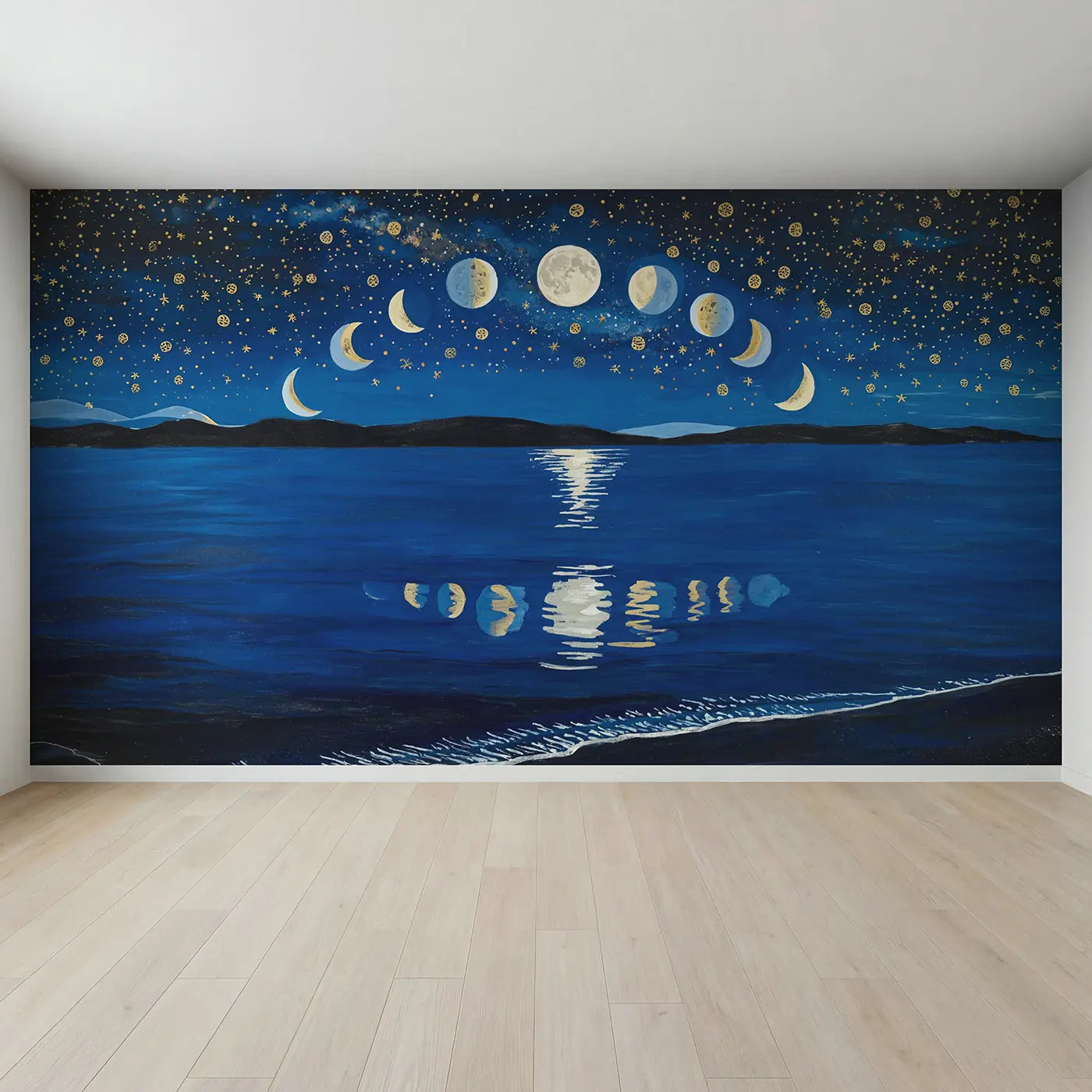 Full view of Moon Phases Ocean Reflection Wallpaper Mural by Whimsy Tots