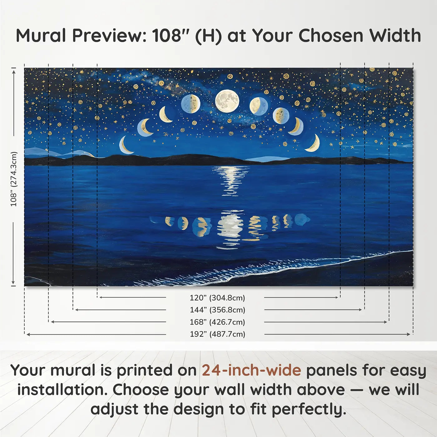 Panel layout and dimensions for Moon Phases Ocean Reflection Wallpaper Mural by Whimsy Tots