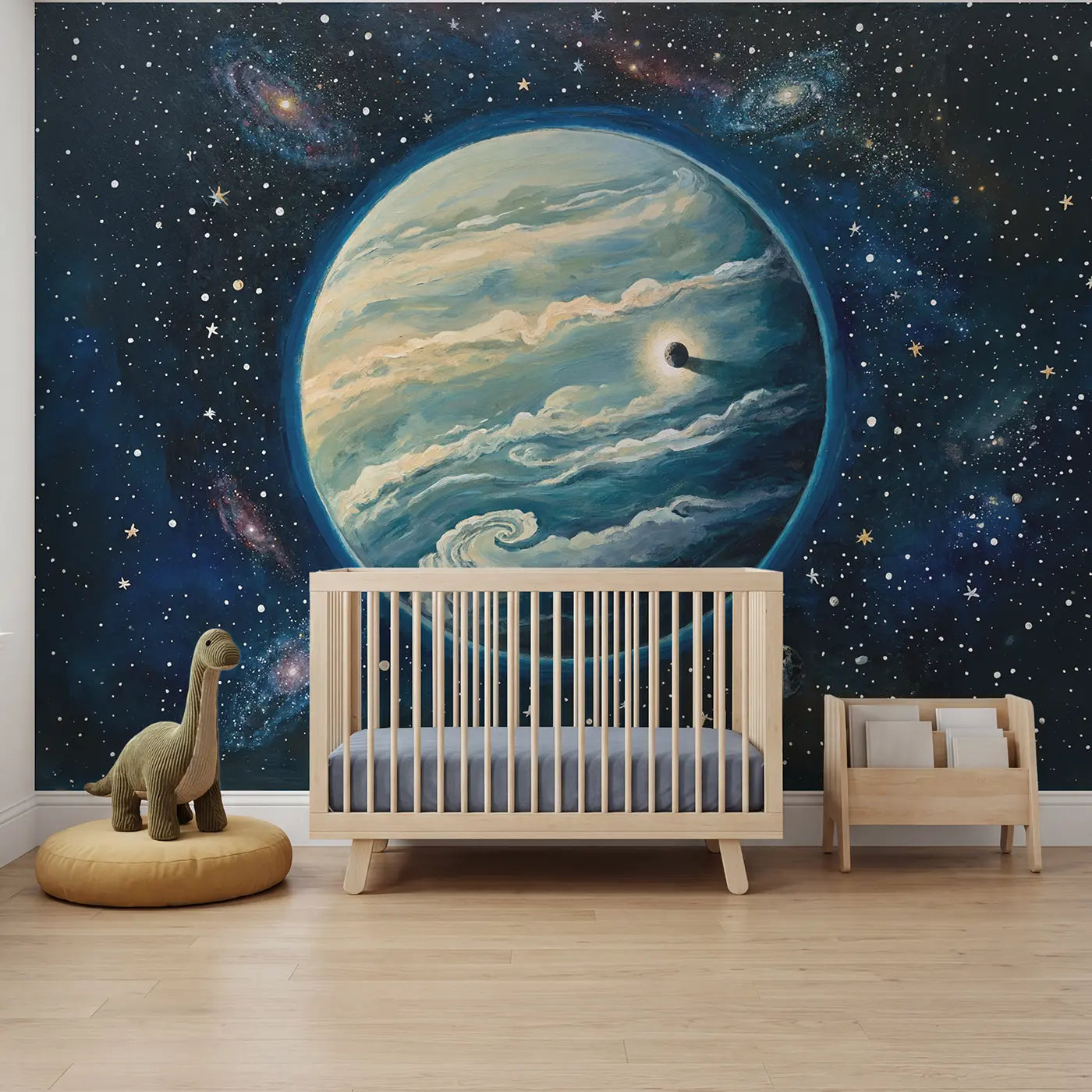 Modern illustration distant exoplanet space wallpaper mural for boys nursery by Whimsy Tots
