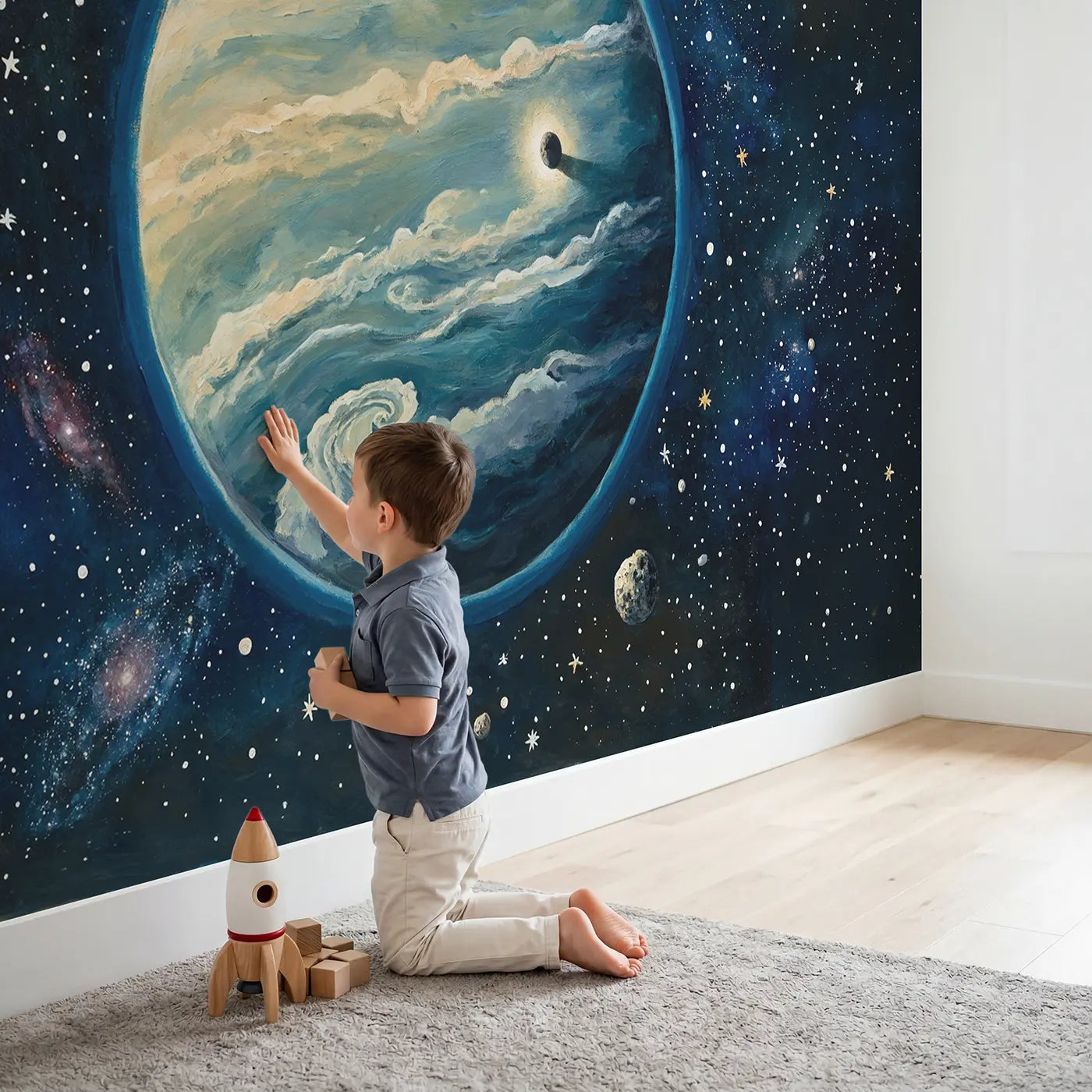 Child in nursery with Distant Exoplanet World Wallpaper Mural by Whimsy Tots