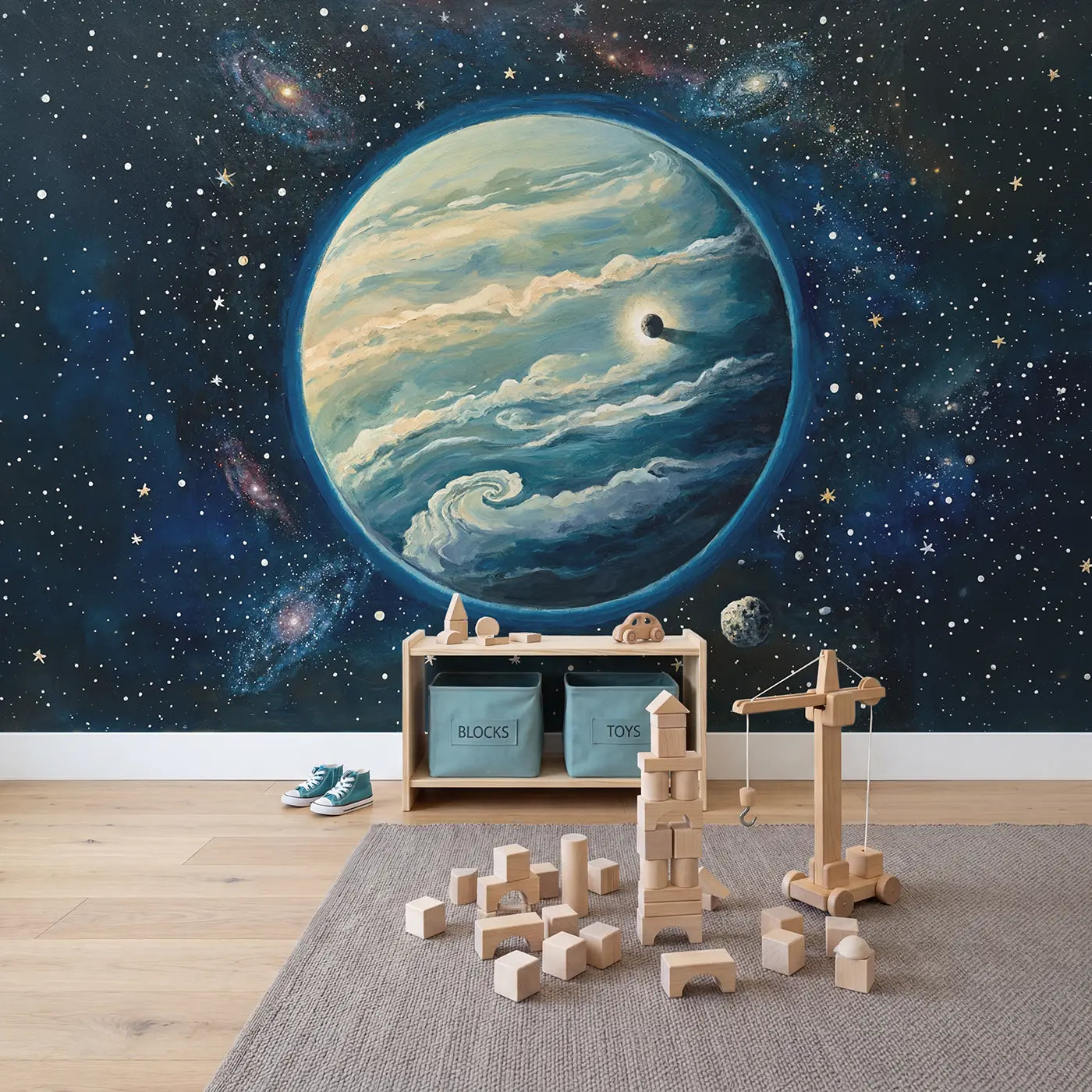 Distant Exoplanet World Wallpaper Mural in playroom setting by Whimsy Tots