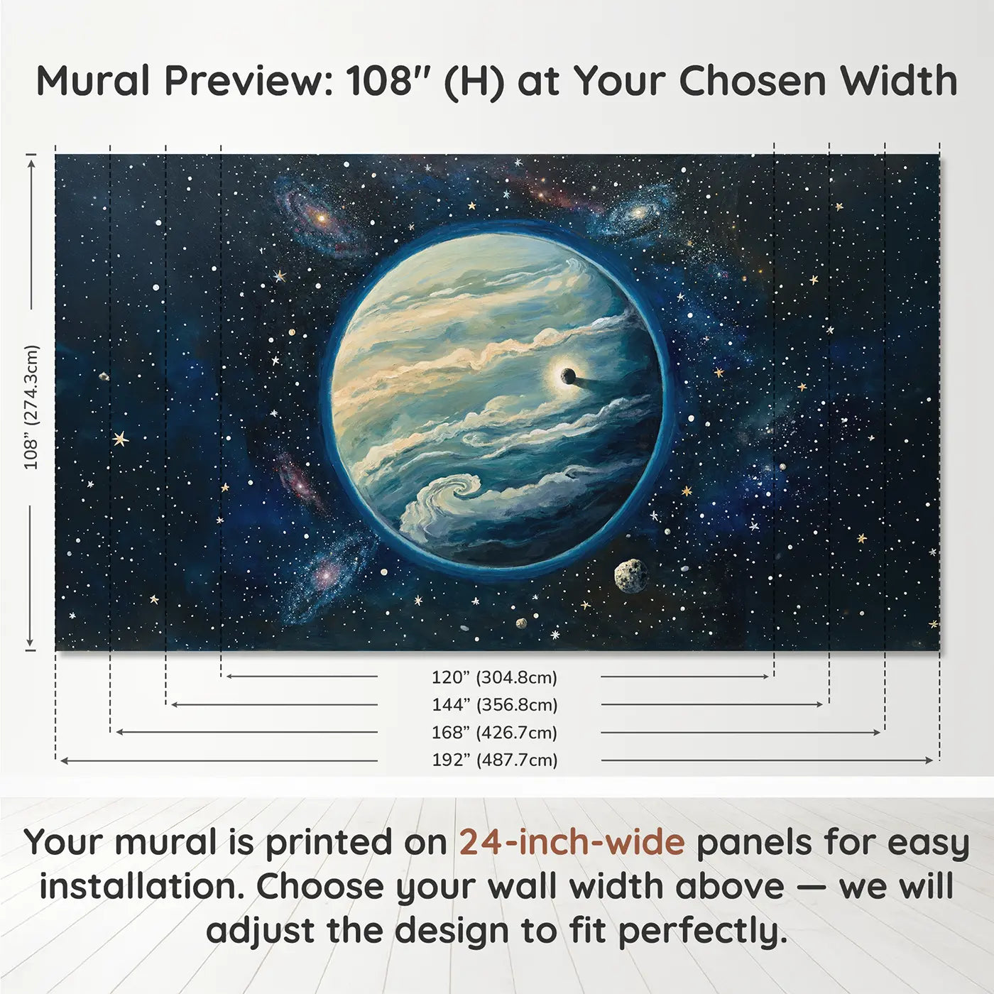 Panel layout and dimensions for Distant Exoplanet World Wallpaper Mural by Whimsy Tots