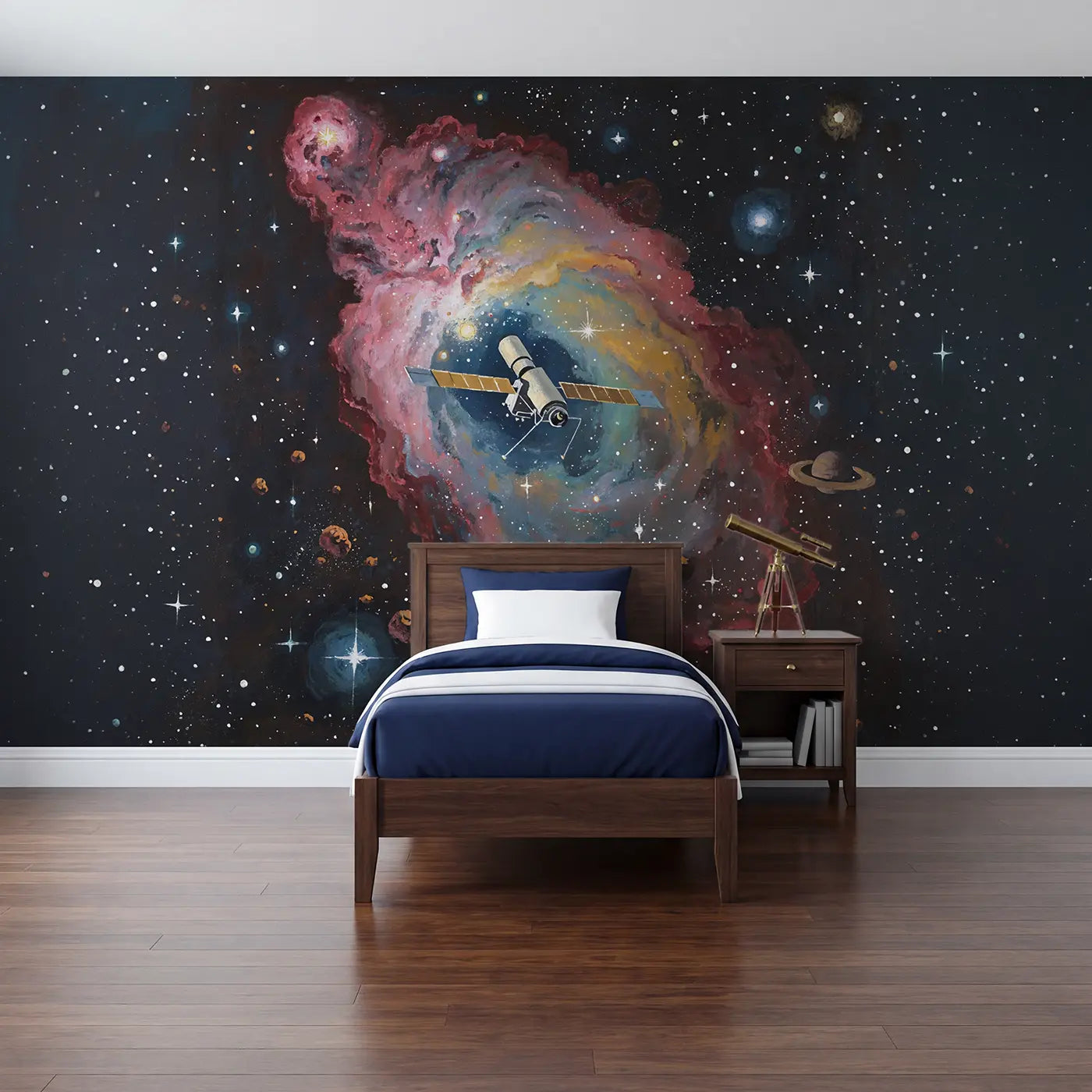 Modern illustration nebula telescope space wallpaper mural for kids room by Whimsy Tots