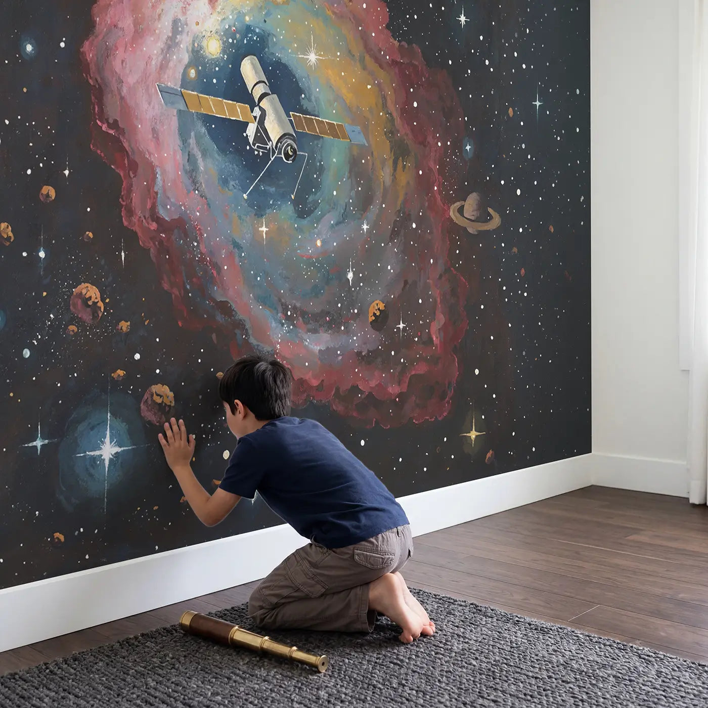 Child in nursery with Nebula Space Telescope Wallpaper Mural by Whimsy Tots