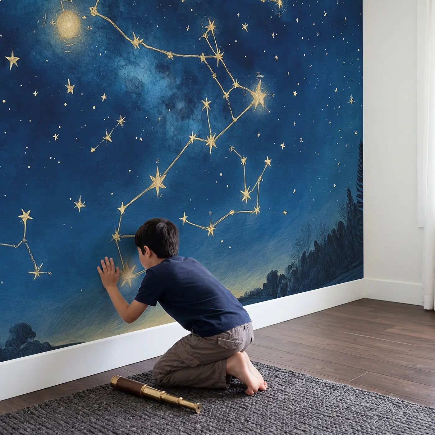 Child in nursery with Zodiac Star Map Wallpaper Mural by Whimsy Tots