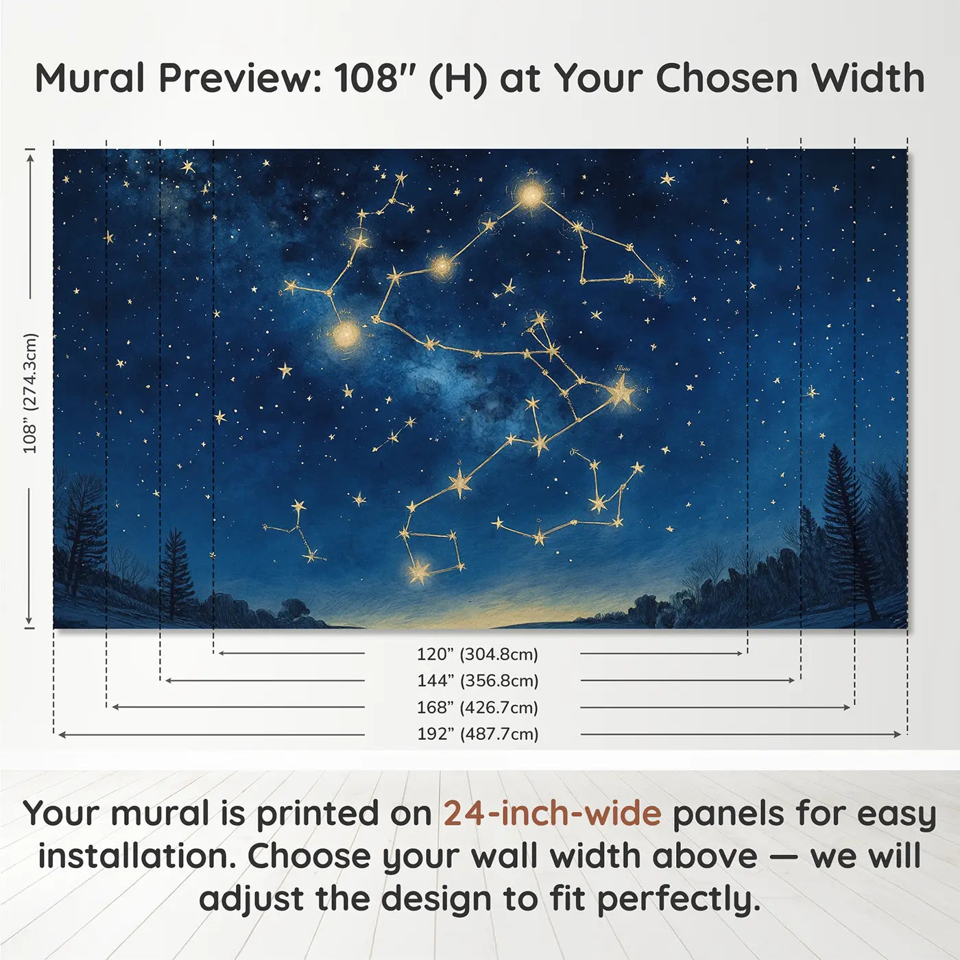 Panel layout and dimensions for Zodiac Star Map Wallpaper Mural by Whimsy Tots