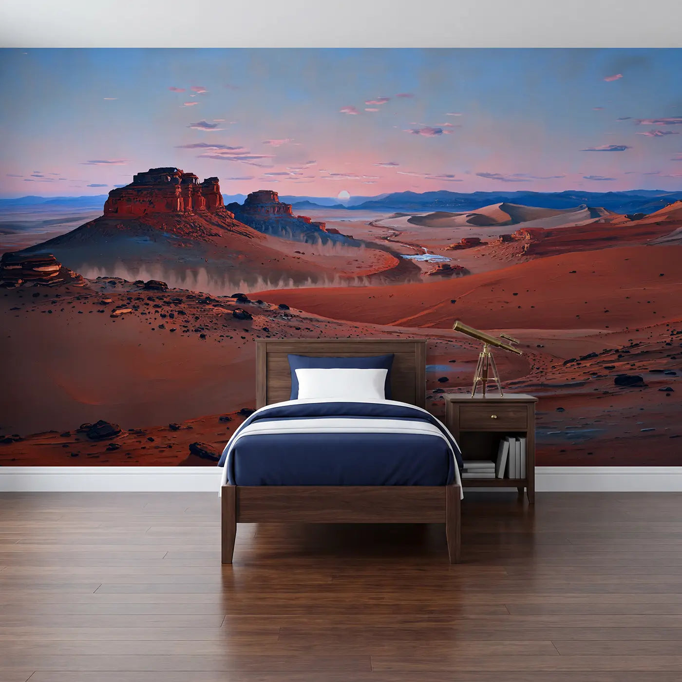 painted landscape Martian blue sunset red planet mural for kids bedroom by Whimsy Tots