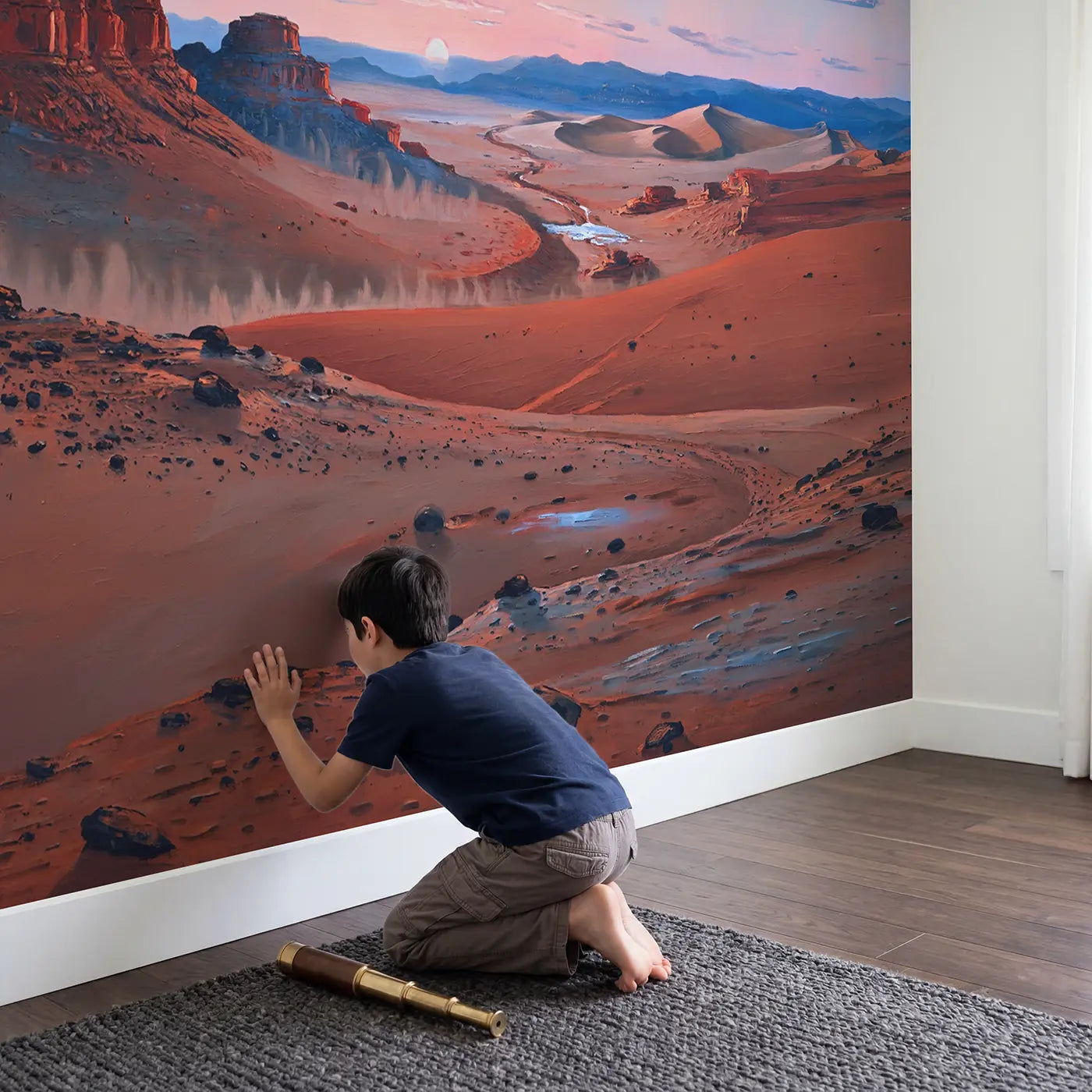 Child in nursery with Martian Blue Sunset Red Planet Wallpaper Mural by Whimsy Tots