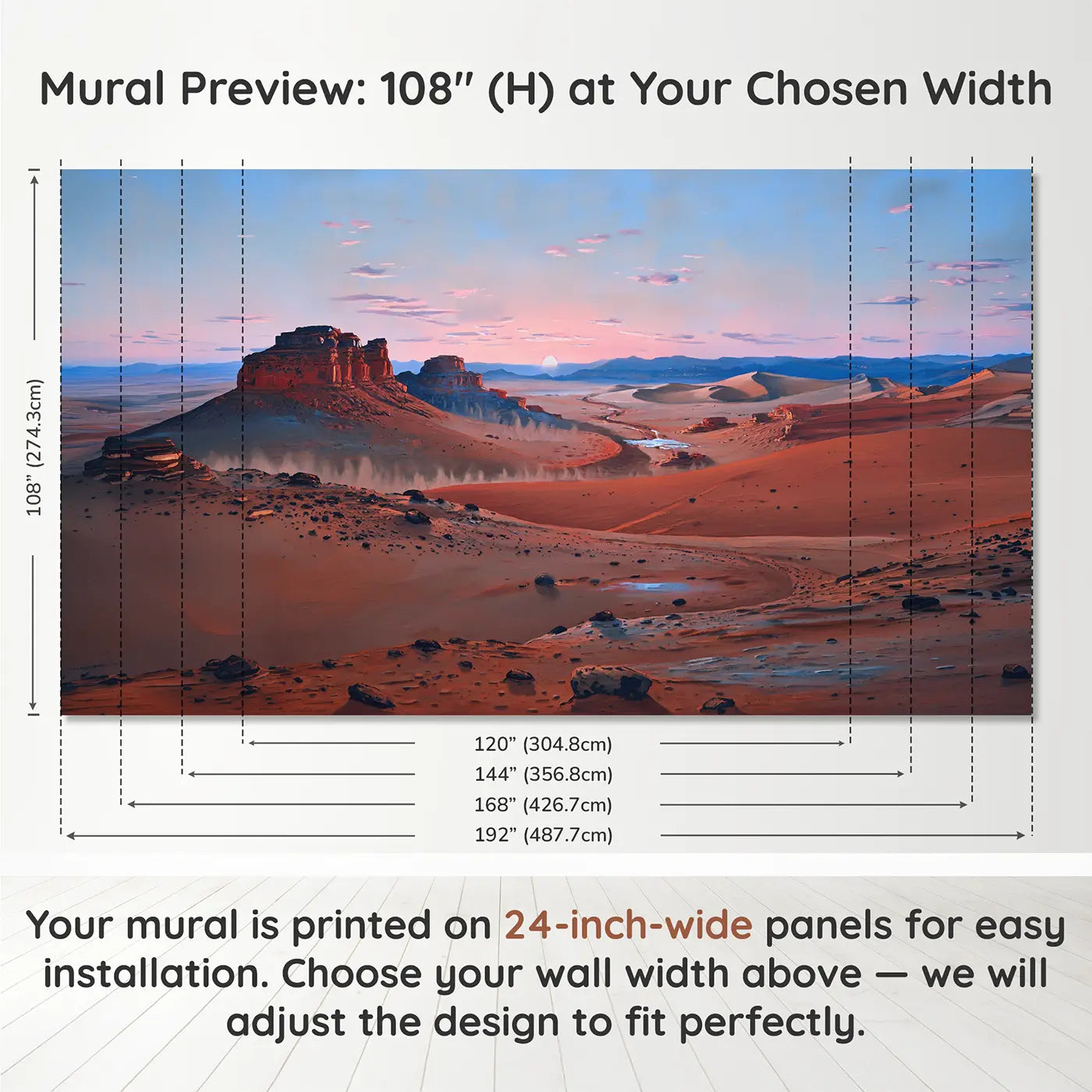 Panel layout and dimensions for Martian Blue Sunset Red Planet Wallpaper Mural by Whimsy Tots
