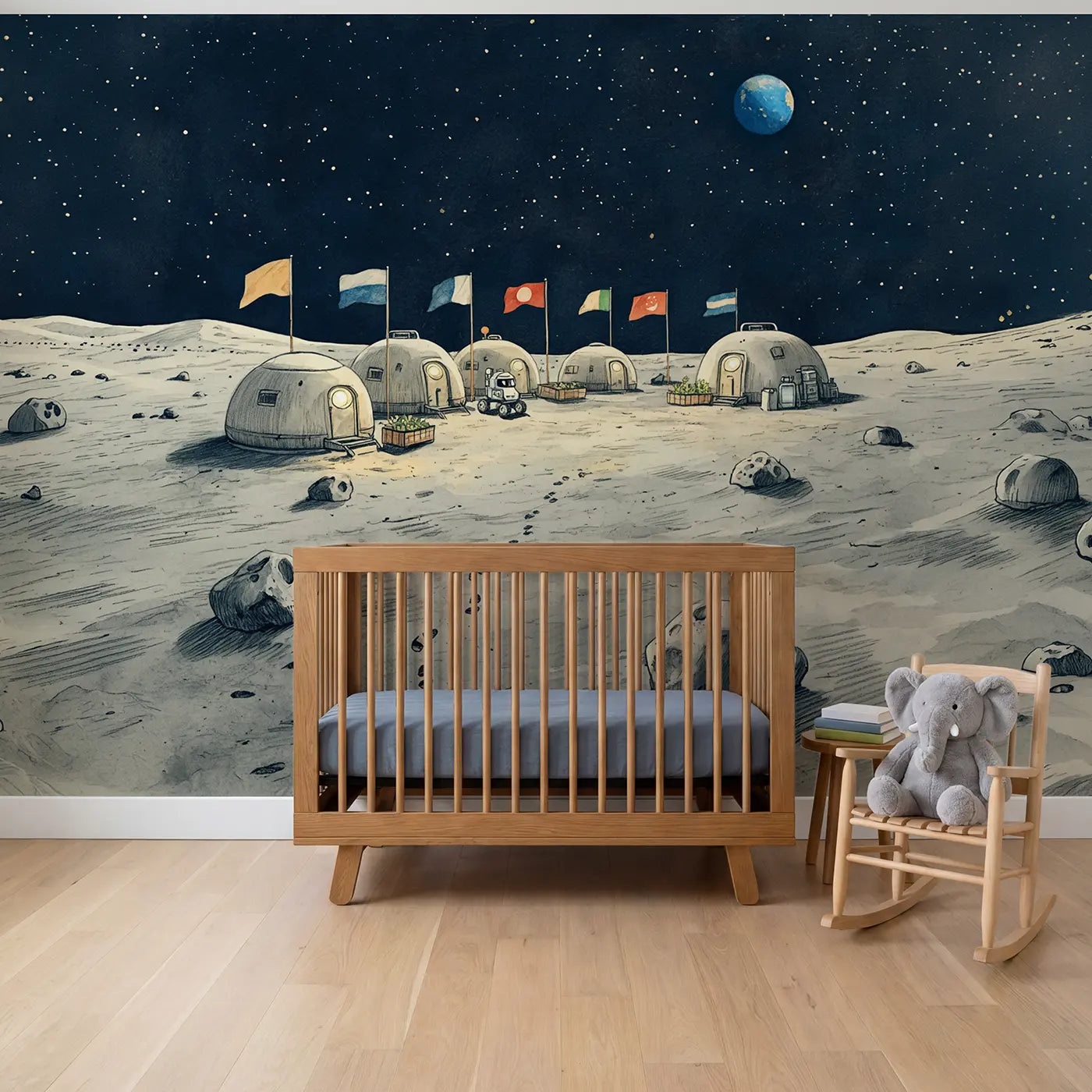 Storybook moon base astronaut flags wallpaper mural for boys nursery by Whimsy Tots