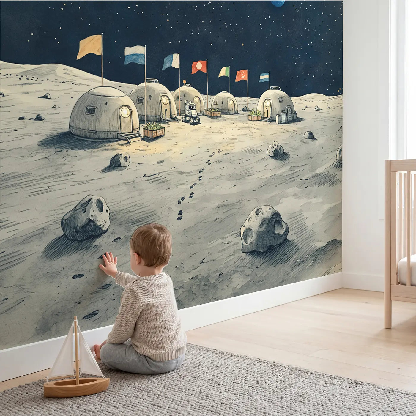 Child in nursery with Moon Base Flags Wallpaper Mural by Whimsy Tots