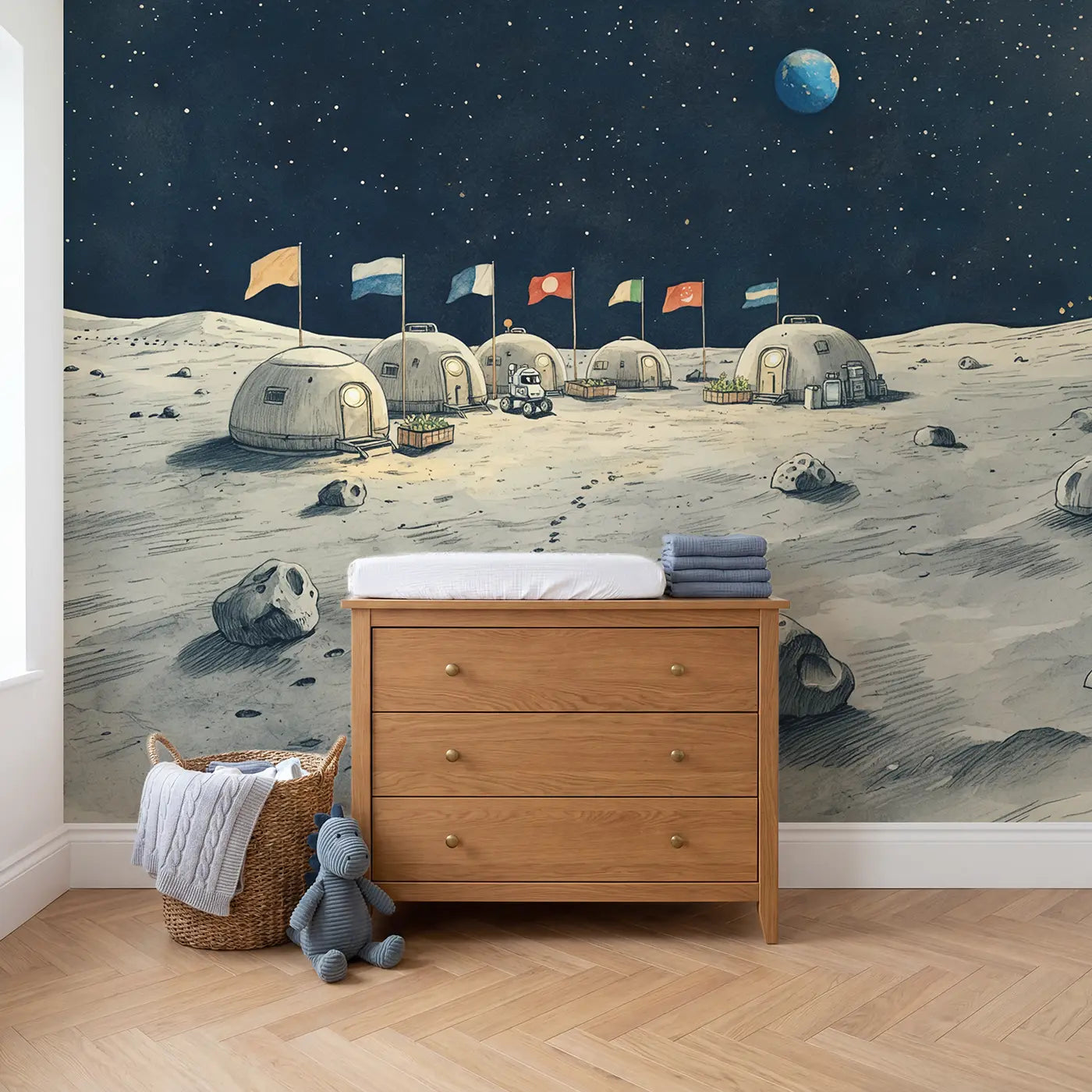 Moon Base Flags Wallpaper Mural in playroom setting by Whimsy Tots