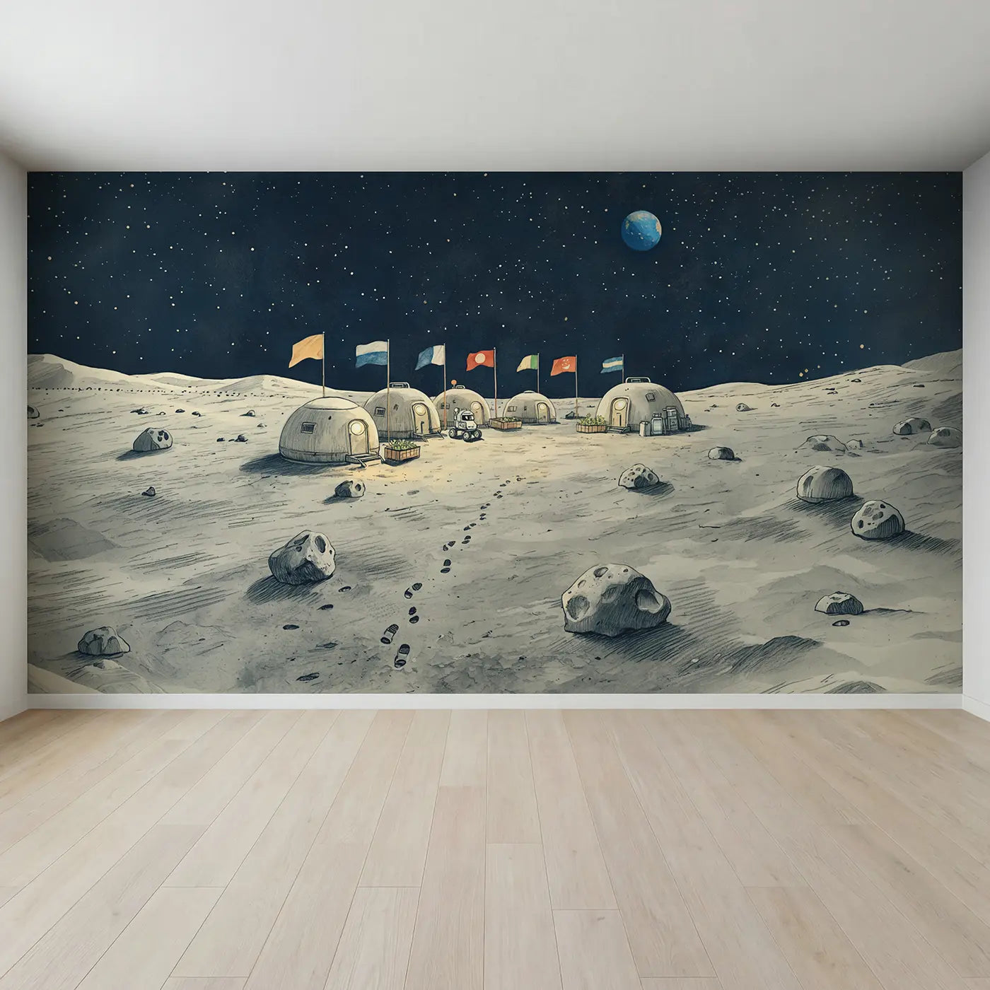 Full view of Moon Base Flags Wallpaper Mural by Whimsy Tots