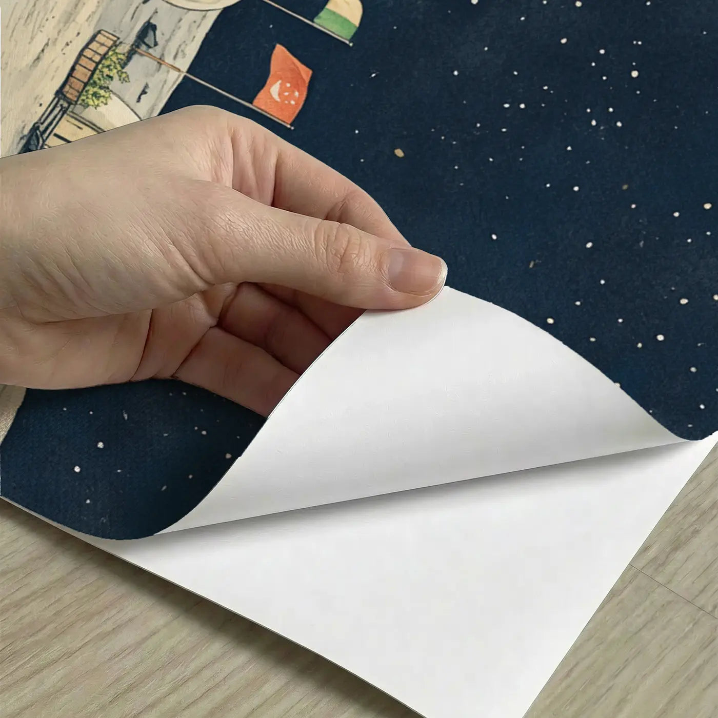 Peel-and-stick detail of Moon Base Flags Wallpaper Mural by Whimsy Tots