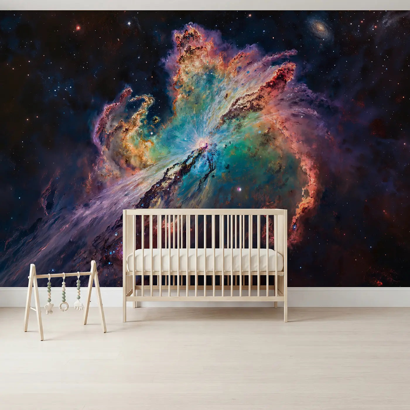painted landscape supernova cosmic glow mural for nursery by Whimsy Tots