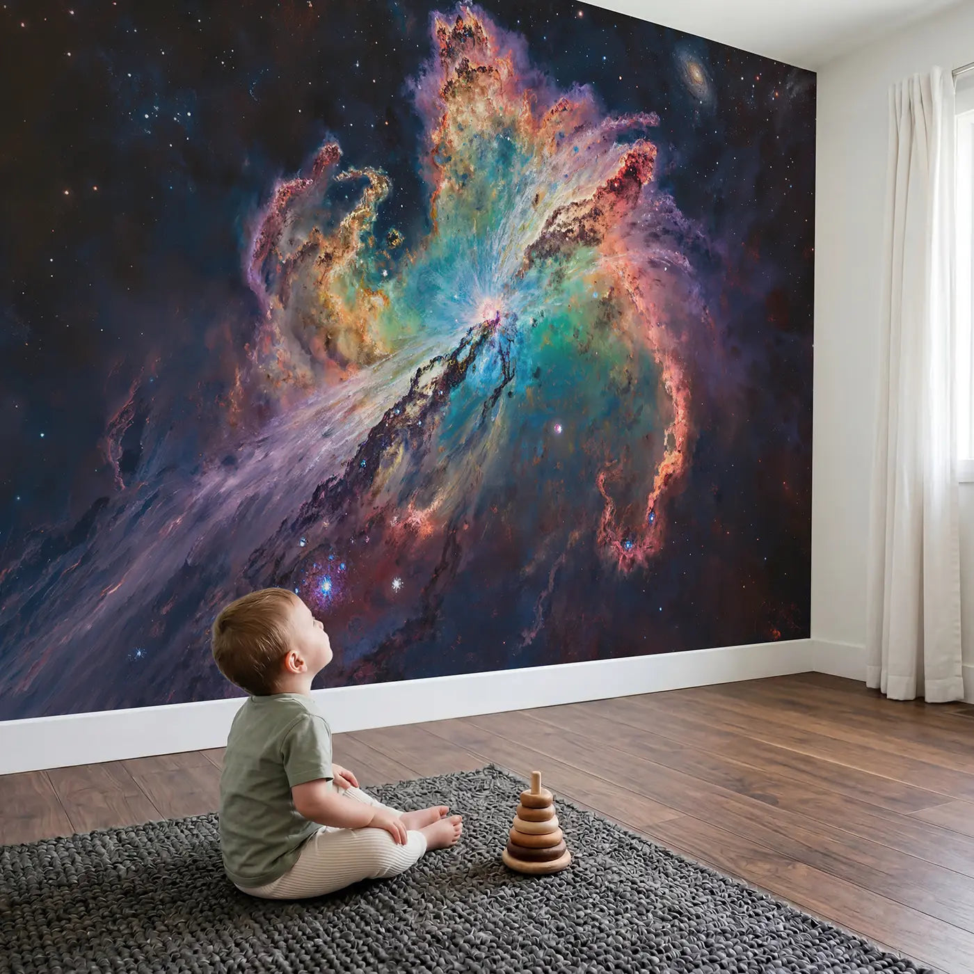 Child in nursery with Supernova Remnant Cosmic Glow Wallpaper Mural by Whimsy Tots