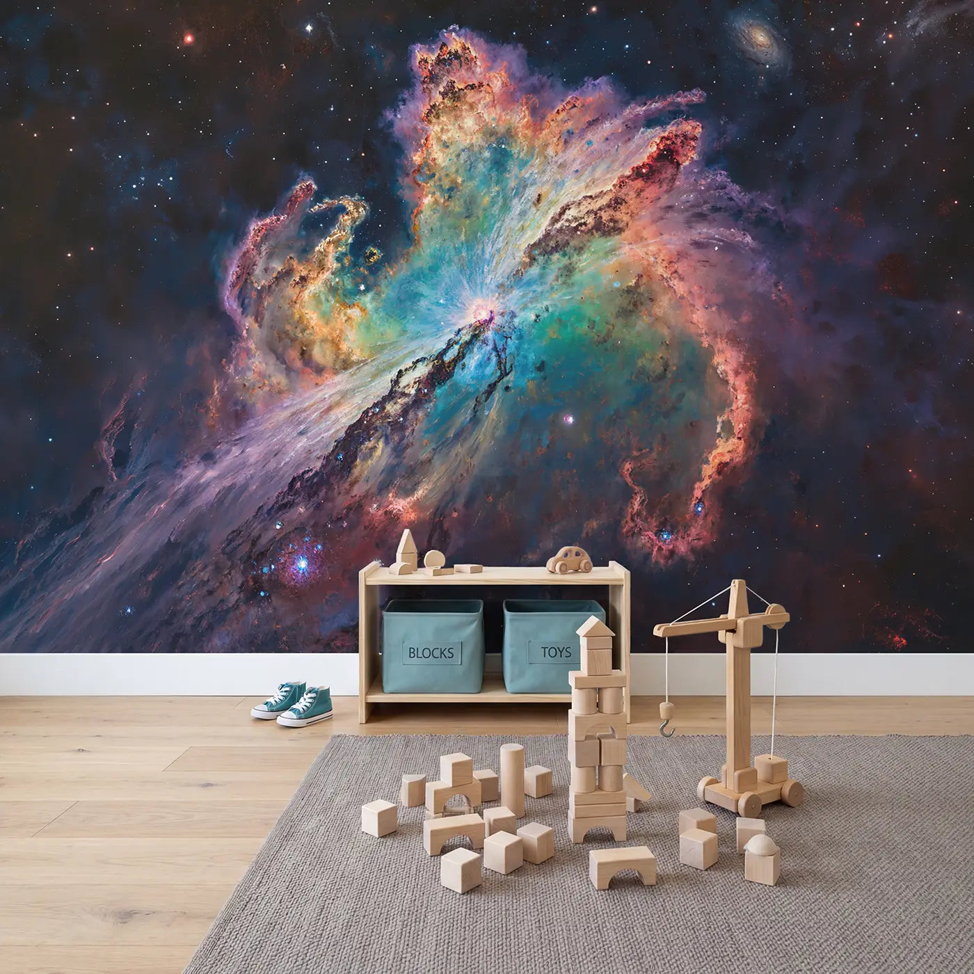 Supernova Remnant Cosmic Glow Wallpaper Mural in playroom setting by Whimsy Tots
