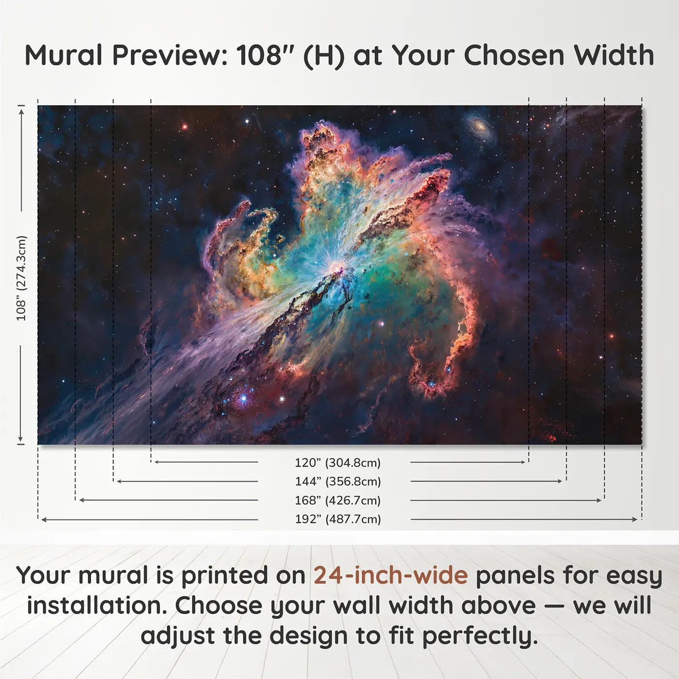 Panel layout and dimensions for Supernova Remnant Cosmic Glow Wallpaper Mural by Whimsy Tots