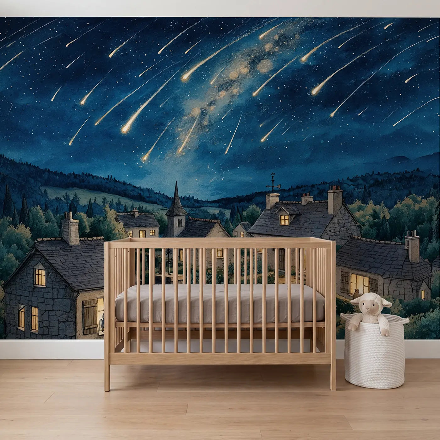 Storybook meteor shower over village nighttime rooftops wallpaper mural for nursery by Whimsy Tots