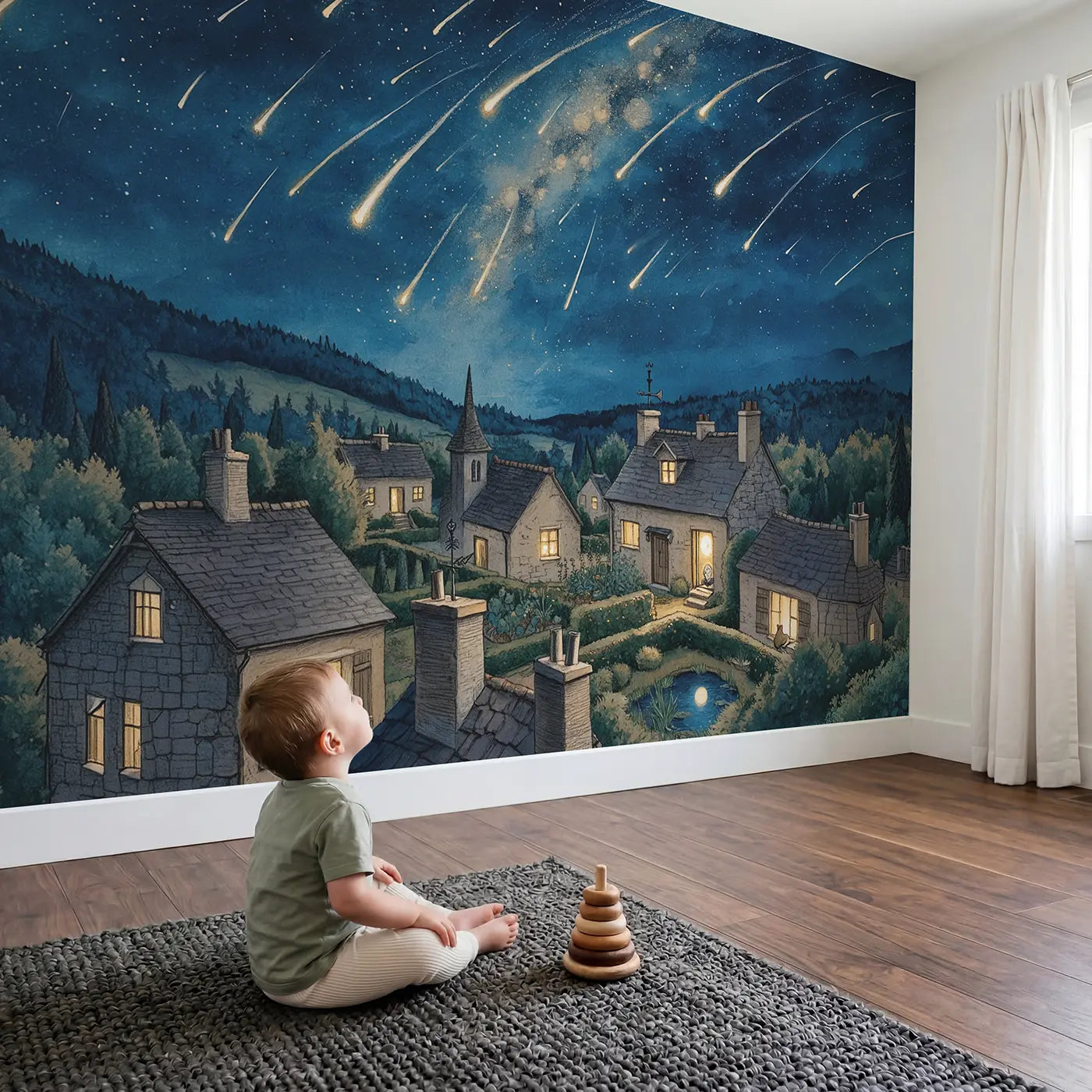 Child in nursery with Meteor Shower Sleeping Village Wallpaper Mural by Whimsy Tots