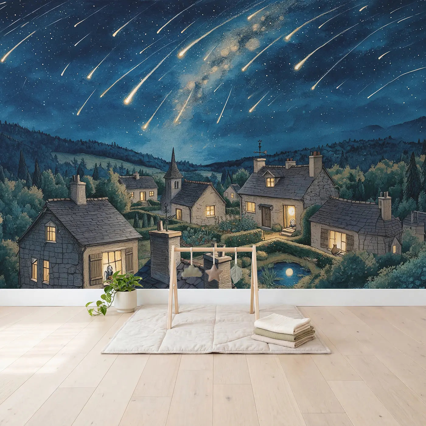 Meteor Shower Sleeping Village Wallpaper Mural in playroom setting by Whimsy Tots