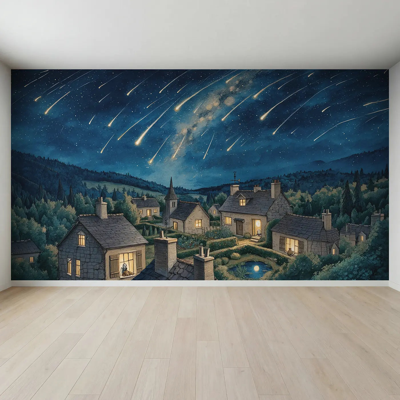 Full view of Meteor Shower Sleeping Village Wallpaper Mural by Whimsy Tots
