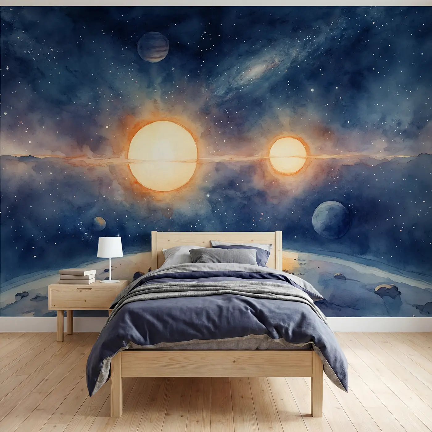 Watercolor binary star system cosmos wallpaper mural for boys room by Whimsy Tots