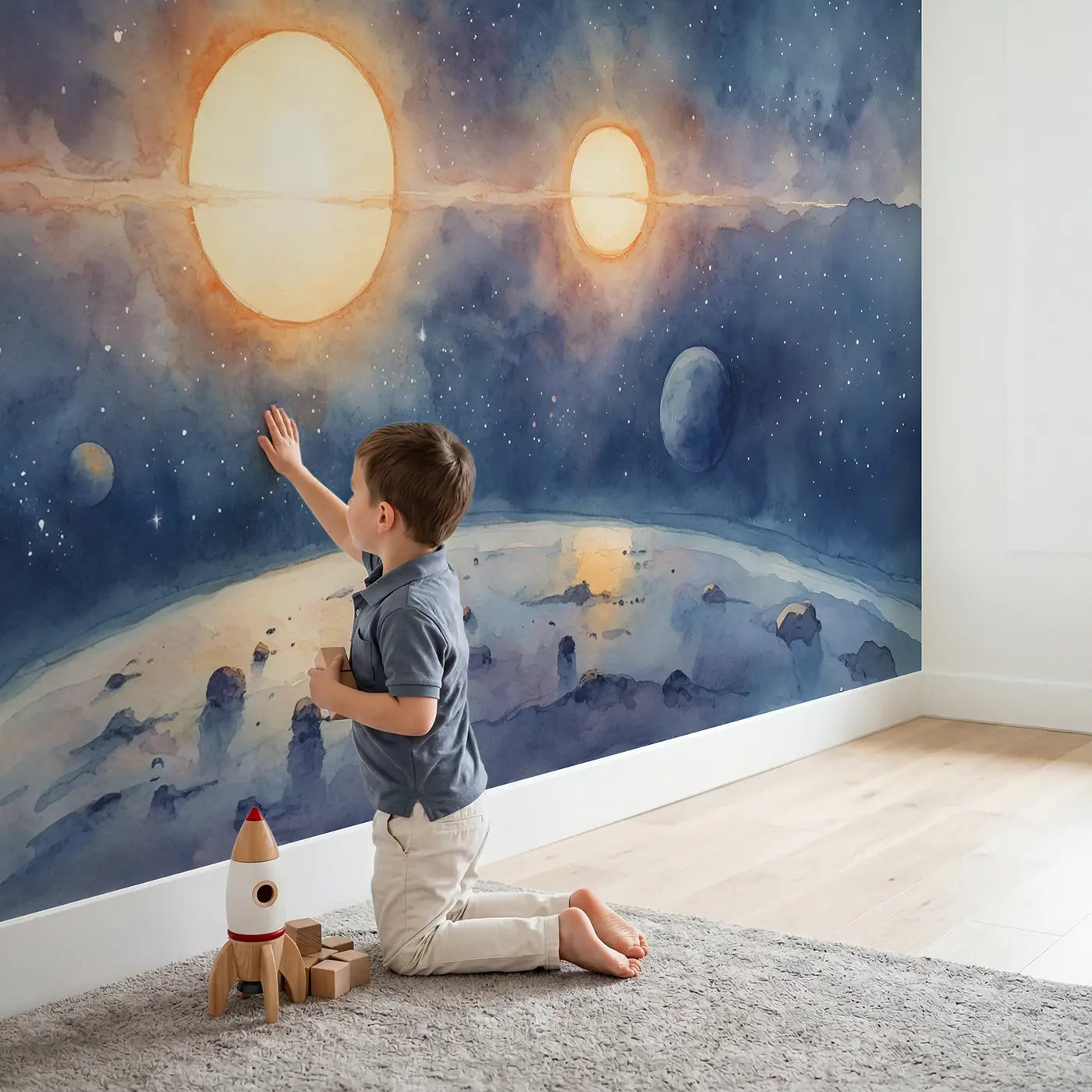 Child in nursery with Binary Star System Cosmos Wallpaper Mural by Whimsy Tots