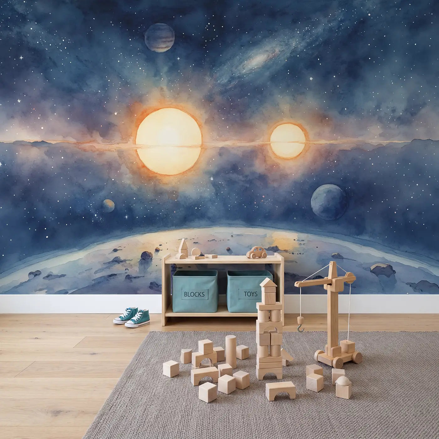 Binary Star System Cosmos Wallpaper Mural in playroom setting by Whimsy Tots