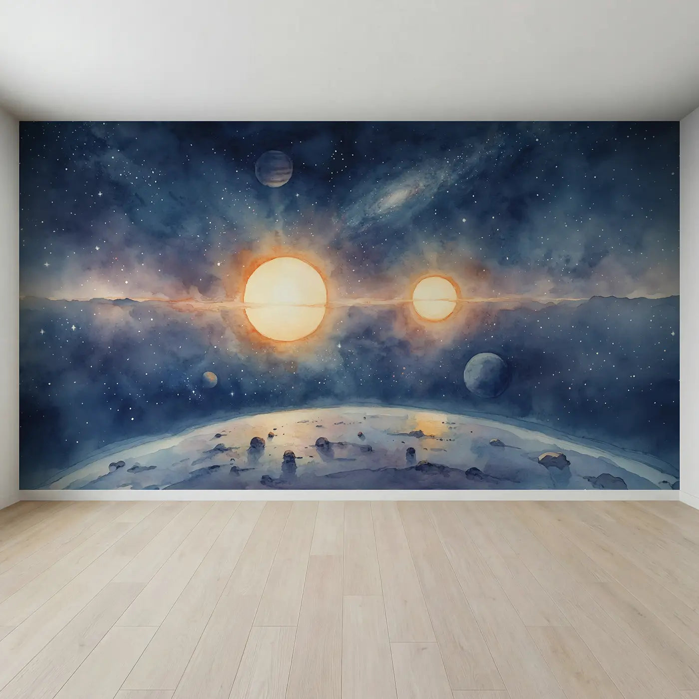 Full view of Binary Star System Cosmos Wallpaper Mural by Whimsy Tots