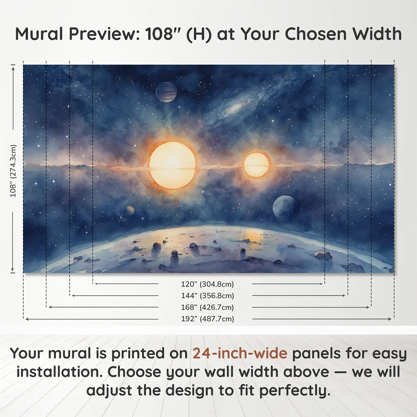 Panel layout and dimensions for Binary Star System Cosmos Wallpaper Mural by Whimsy Tots