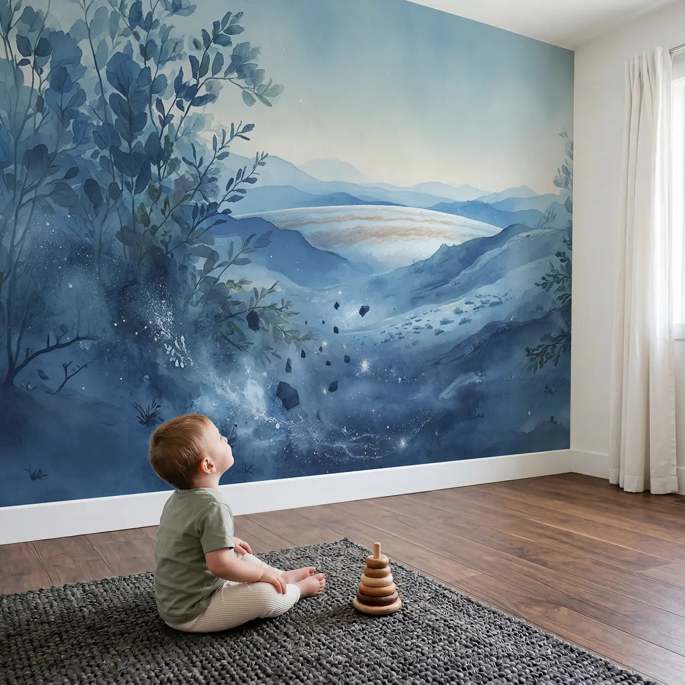 Child in nursery with Ice Moon Surface Jupiter Wallpaper Mural by Whimsy Tots