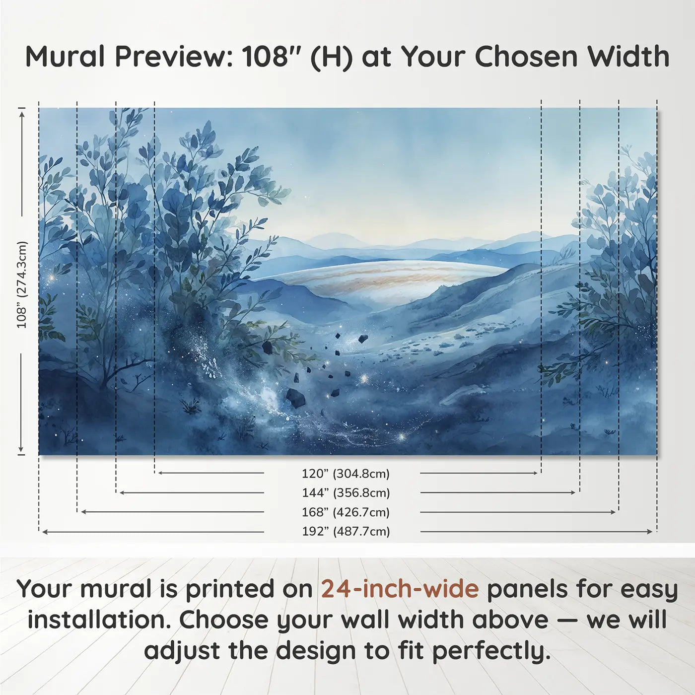 Panel layout and dimensions for Ice Moon Surface Jupiter Wallpaper Mural by Whimsy Tots