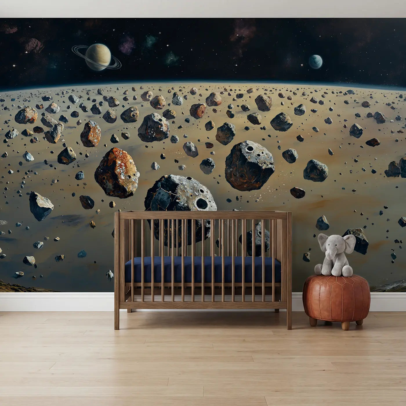 Painted landscape asteroid belt planets space wallpaper mural for nursery by Whimsy Tots