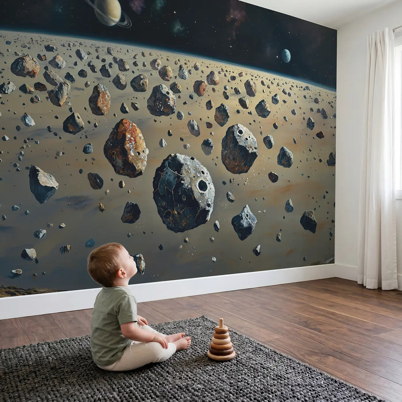 Child in nursery with Asteroid Belt Between Planets Wallpaper Mural by Whimsy Tots