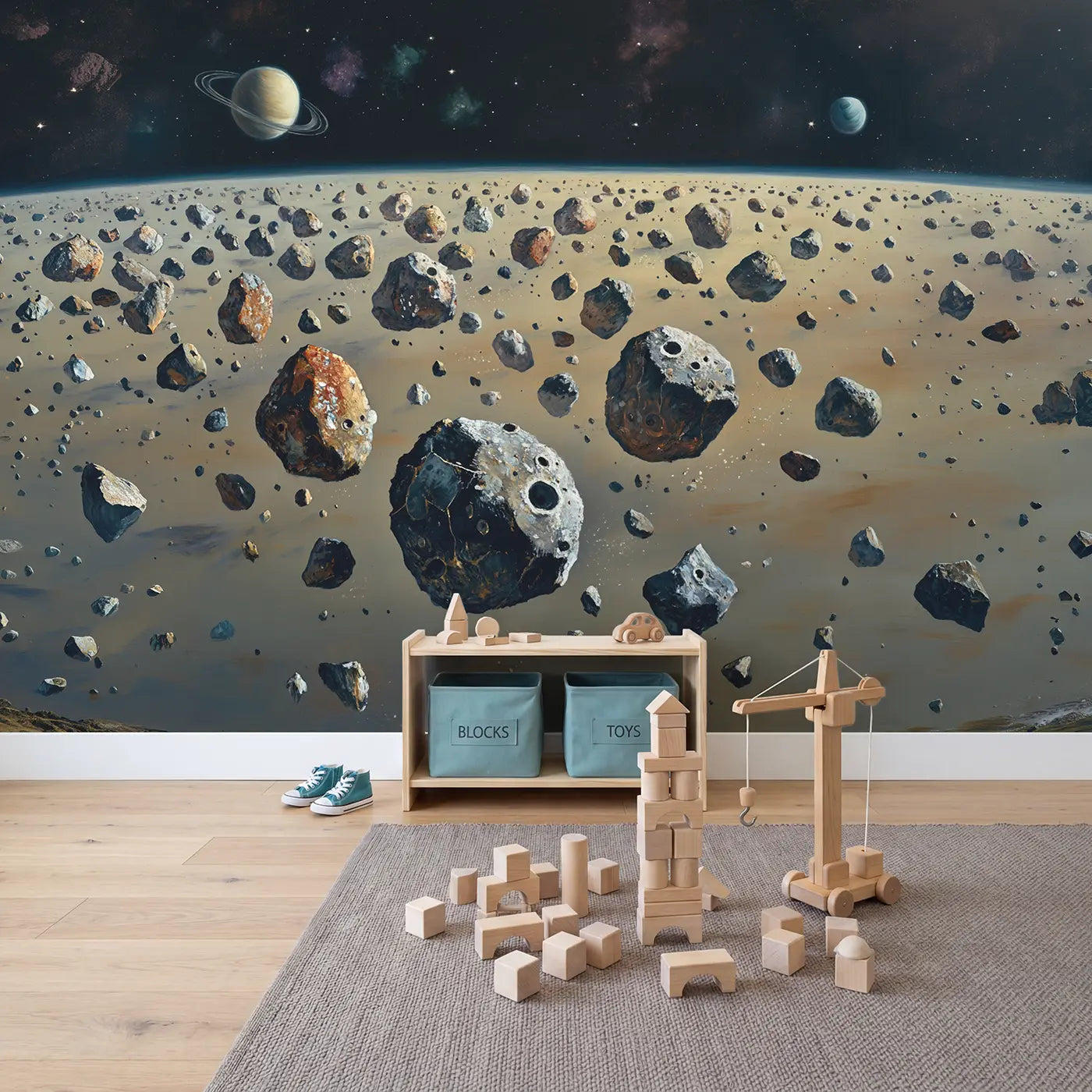Asteroid Belt Between Planets Wallpaper Mural in playroom setting by Whimsy Tots