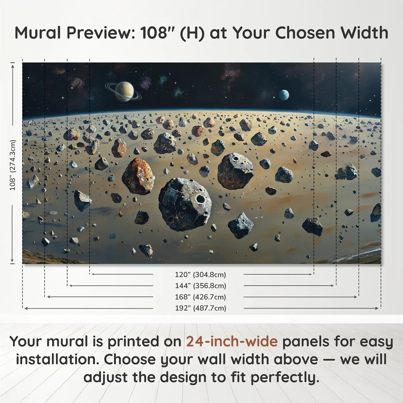 Panel layout and dimensions for Asteroid Belt Between Planets Wallpaper Mural by Whimsy Tots