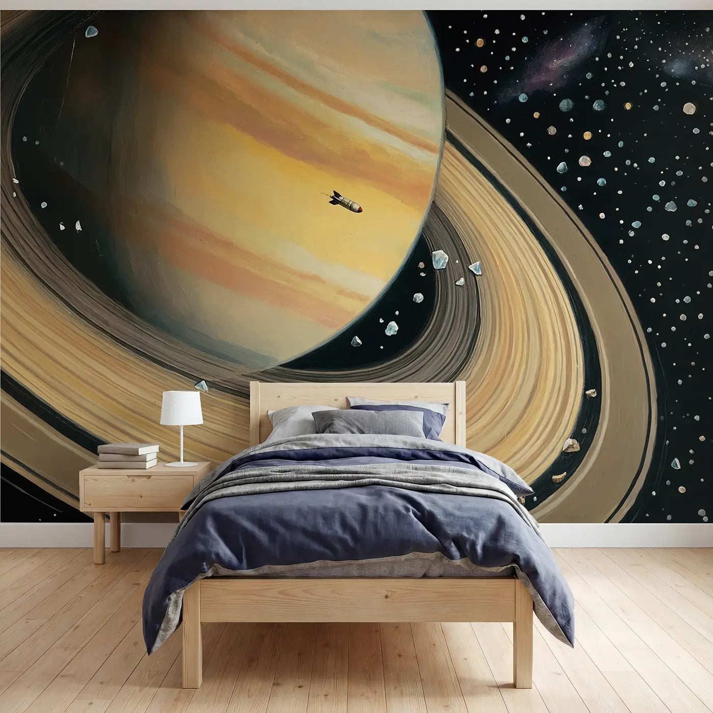 painted rocket saturn ring space journey wallpaper mural for boys room by Whimsy Tots
