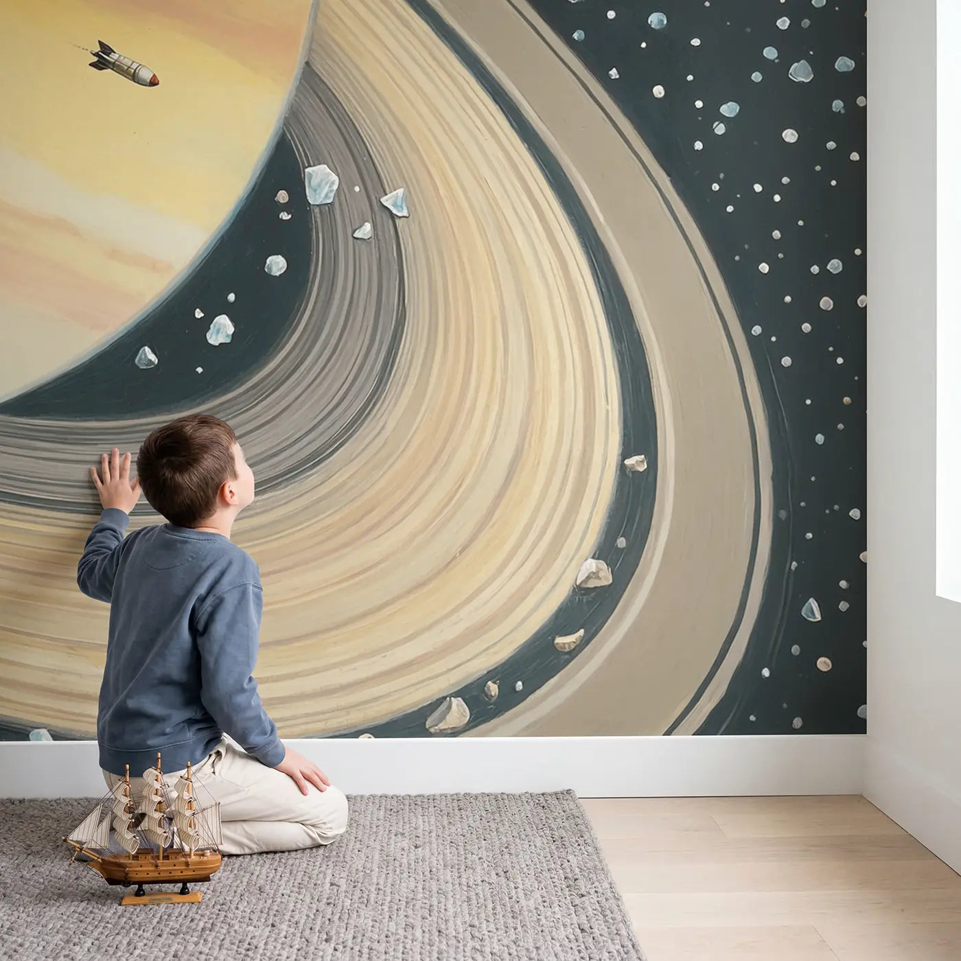 Child in nursery with Saturn Ring Rocket Journey Wallpaper Mural by Whimsy Tots