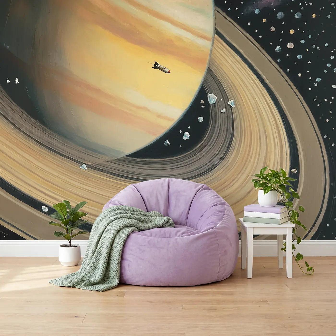 Saturn Ring Rocket Journey Wallpaper Mural in playroom setting by Whimsy Tots