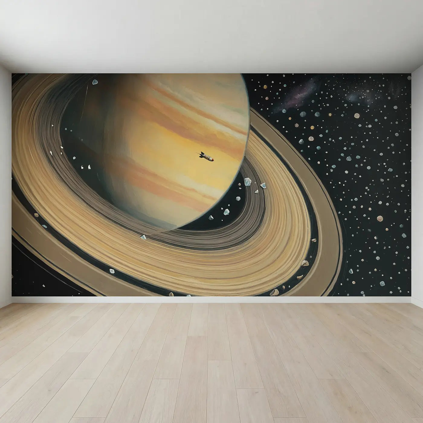 Full view of Saturn Ring Rocket Journey Wallpaper Mural by Whimsy Tots