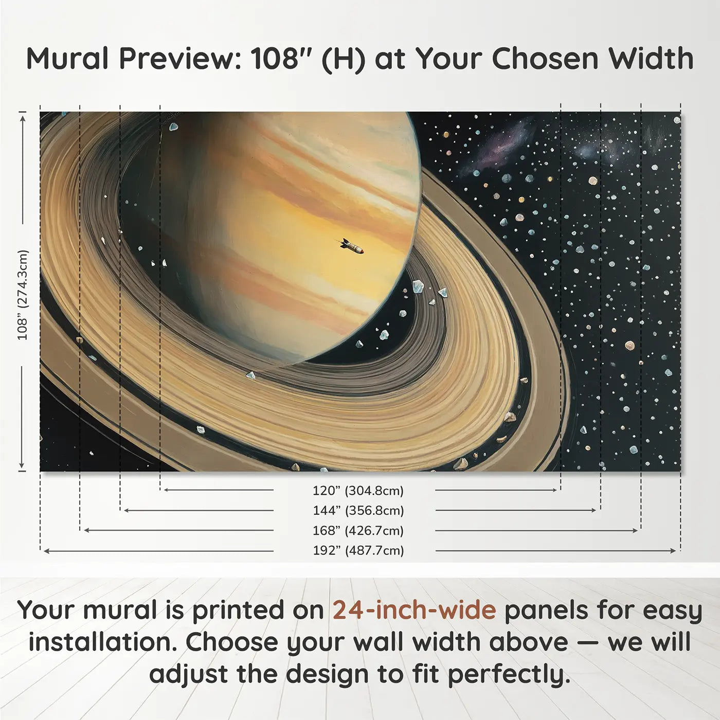 Panel layout and dimensions for Saturn Ring Rocket Journey Wallpaper Mural by Whimsy Tots