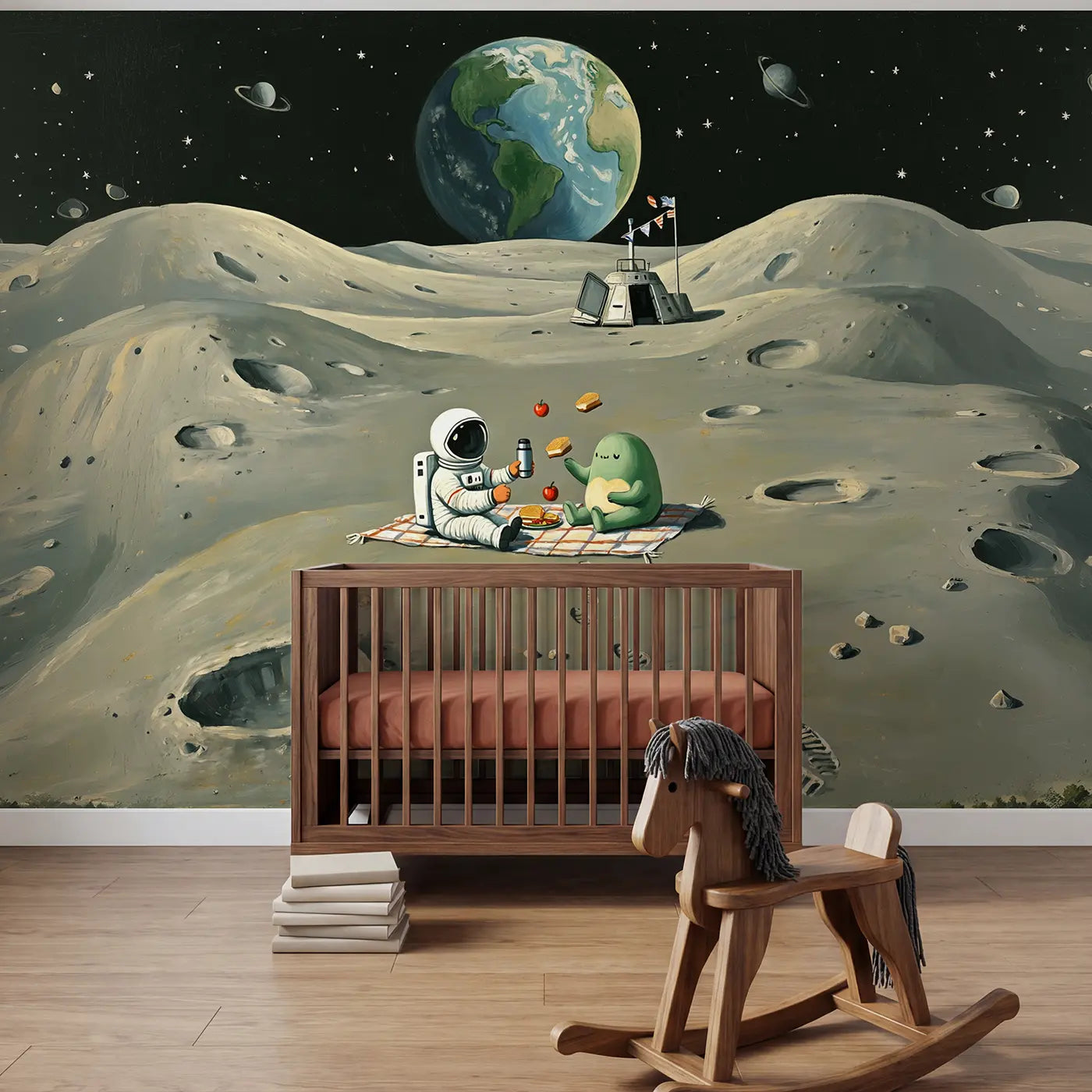 painted landscape astronaut alien moon picnic Earth wallpaper mural for nursery by Whimsy Tots