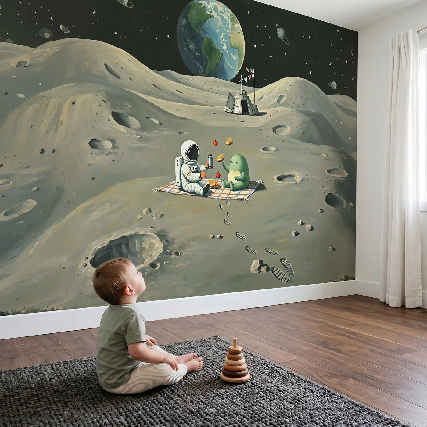 Child in nursery with Moon Picnic Astronaut and Alien Wallpaper Mural by Whimsy Tots